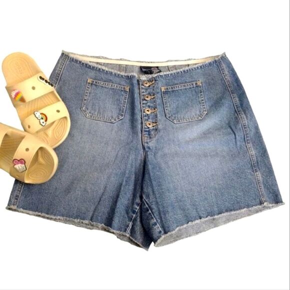 VTG 90s High Waist Raw Hem Button Fly Jean Shorts Size 14 *Fits like Large - Picture 1 of 11